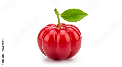 Red acerola cherry with green leaf isolated on white background