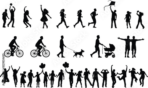 Outdoor activity silhouettes, walking, biking, dancing, celebrating, playing, family fun, social interaction, leisure moments, black figures, flat vector