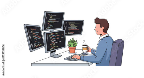 Programmer working on multiple computer screens with coffee mug