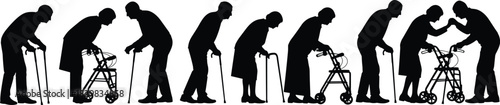 Elderly walking, cane support, walker aid, senior mobility, aging care, silhouette progression, black design, dependency stages, assistance concept, flat vector