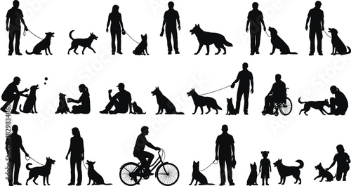 Dog walking, pet training, wheelchair assistance, child playing, outdoor activity, human interaction, canine care, silhouette illustration, black design, flat vector