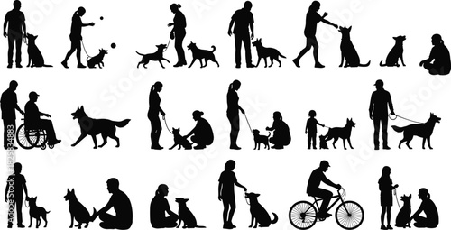 Dog interaction, wheelchair companion, fetch play, walking silhouette, training moment, joyful bond, black design, human pet activity, flat vector