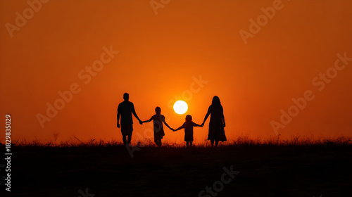 Silhouette of a family walking together against a bright sunset