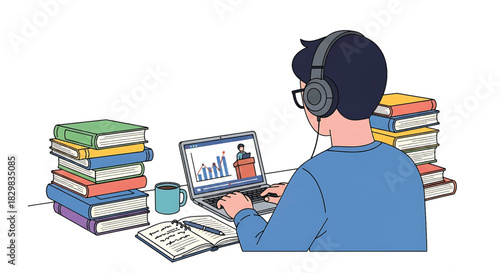 Student wearing headphones studying on laptop with stacks of books