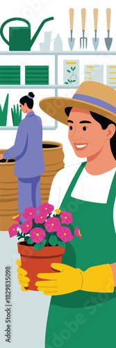 Professional female florist and gardener in a green apron and straw hat smiling while holding a terracotta pot of vibrant pink petunias, working at a retail nursery or gardening supply shop, promoting