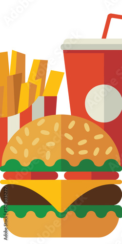 A vibrant flat design vector illustration depicting a tempting classic combo meal featuring a layered cheeseburger or hamburger with patty, cheese, and vegetables, complemented by golden French fries