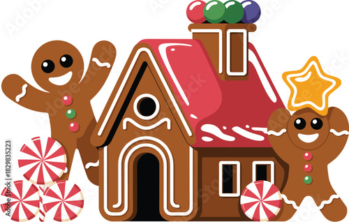 Festive gingerbread house and cheerful cookie characters decorated with white icing, glossy red roof, colorful candy, and classic peppermint swirl disks, perfect for winter holiday greeting cards, dig