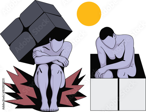 Conceptual vector illustration depicting psychological burden and extreme stress, featuring minimalist figures overwhelmed by a massive geometric cube and trapped in isolation, symbolizing mental heal