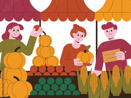 Group of smiling people browsing and purchasing seasonal fall harvest produce like stacked orange pumpkins and yellow corn at a local outdoor farmers market stand, demonstrating healthy eating and ret