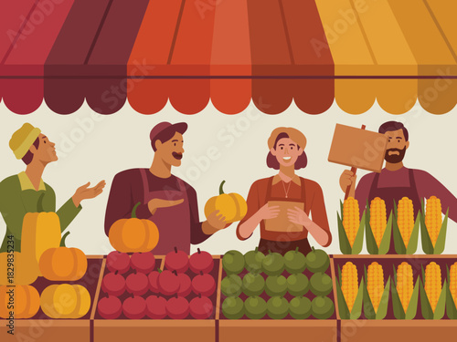 Friendly farmers market vendors promoting the seasonal autumn harvest of vibrant pumpkins, fresh maize, crisp apples, and squash, engaging customers under a colorful awning in a detailed flat vector i