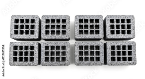 Close-up of eight grey porous carbon blocks arranged in two rows