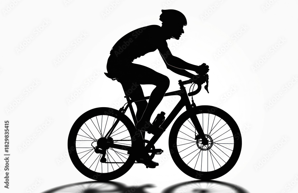 Obraz premium Man rides road bicycle in silhouette style. Pro cyclist on white isolated background wears helmet, races fast. Athlete trains for competition.