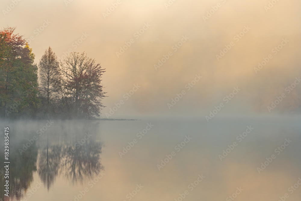 Obraz premium Foggy autumn landscape at sunrise of the shoreline of Hall Lake with reflections in calm water, Yankee Springs State Park, Michigan, USA