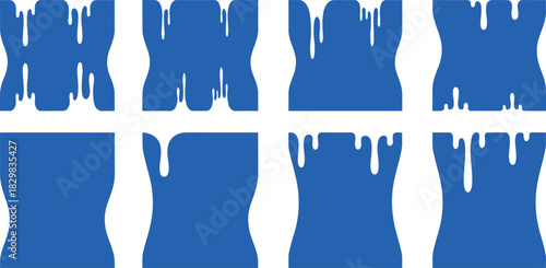 A sequence of abstract blue vector shapes showing a fluid melting or dripping transition effect, illustrating concepts of degradation, transformation, dissolving,
