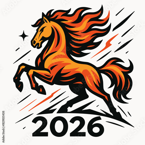 Flaming Zodiac Horse 2026 Galloping with Wild Fire Mane and Dynamic Diagonal Energy Lines