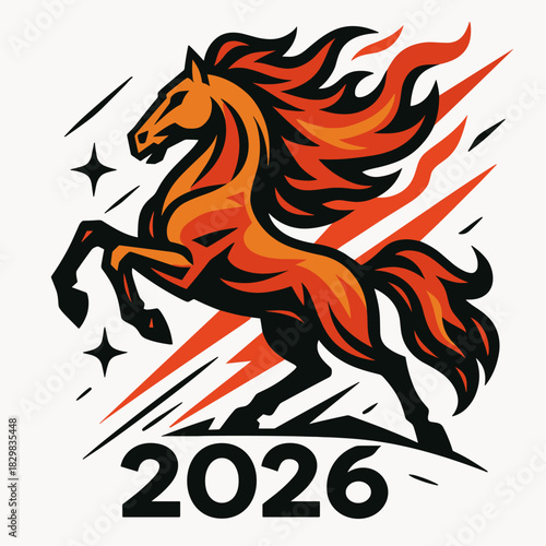 Stylized 2026 Flaming Horse Sprinting with Sweeping Mane and Tail, Energetic Lunar New Year Zodiac Artwork in Bold Red Lines, Modern Dynamic Symbol of Speed and Passion!!
