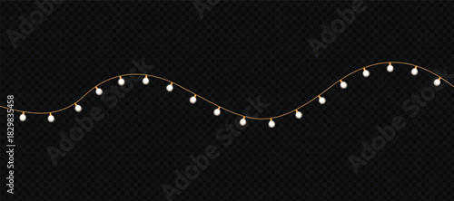 Wavy string of white fairy lights on a gold cord, isolated against a transparent background.