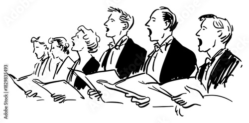 Mixed choir singing from sheet music side view – elegant black line-art vector illustration