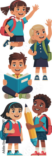 Diverse group of happy elementary school children and primary students excitedly learning and studying, waving hello, reading books, and holding a large pencil, wearing colorful backpacks and school u