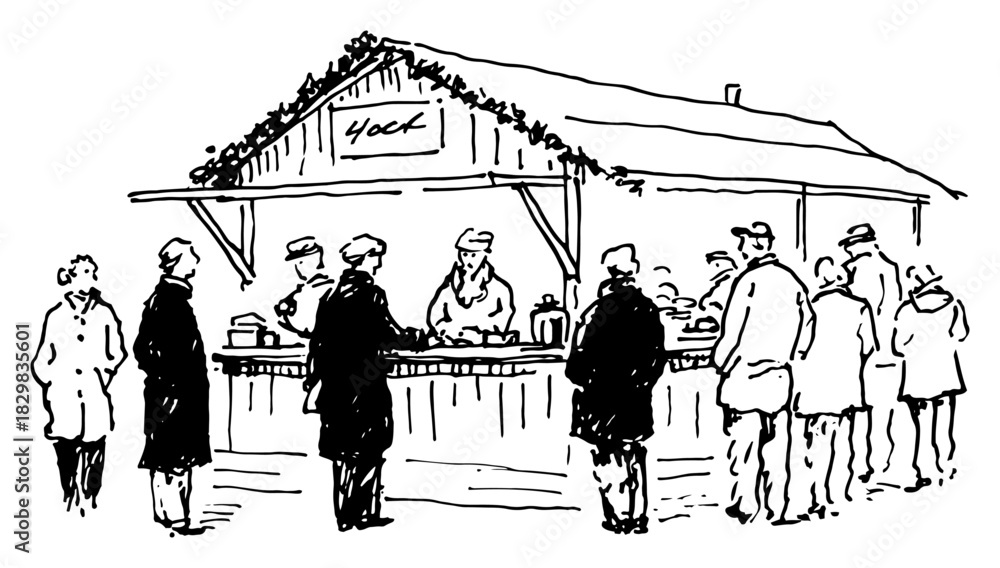 Fototapeta premium Hand drawn vector sketch of people standing in a queue at a street market food stall