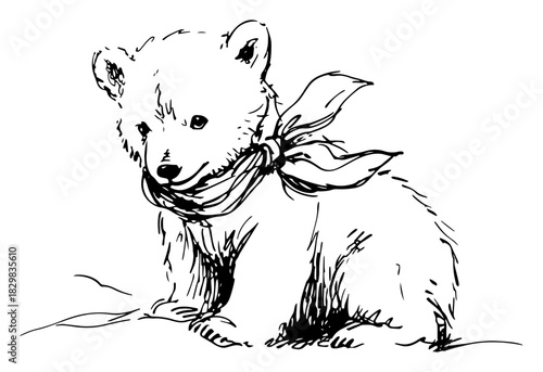 Hand drawn vector sketch of a cute baby bear cub sitting and wearing a scarf