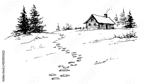 Hand drawn vector sketch of a winter landscape with footprints in the snow leading to a cabin