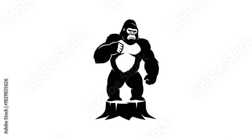 Powerful gorilla stands tall on a tree stump showcasing strength and dominance in the wild.