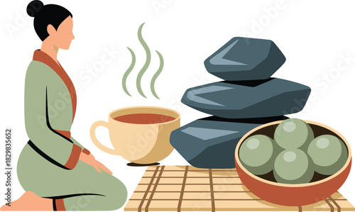 Calm Asian woman kneeling in traditional seiza posture wearing a soft robe for mindful meditation, seeking spiritual peace and emotional balance next to stacked zen stones and a warm cup of herbal tea