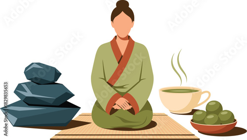 Clean vector illustration of a peaceful, faceless woman in a traditional sage green robe meditating, sitting on a bamboo mat with stacked zen balancing stones, a steaming cup of matcha green tea, and