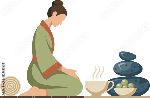 Traditional woman kneeling in a sage green robe performing a serene Japanese seiza bowing ritual near stacked hot spa stones and steaming tea, illustrating mindfulness, wellness, therapy, and luxuriou