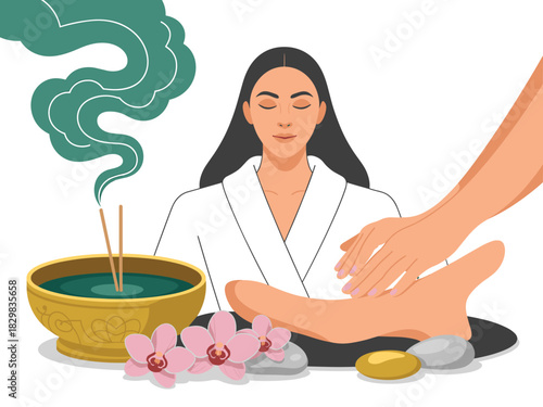 Relaxing therapeutic spa foot massage illustration featuring a calm woman with closed eyes in a white robe receiving professional reflexology treatment with orchids, smooth stones, and aromatic incens