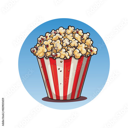 A classic red and white striped bucket filled with buttery popcorn snack for the movies