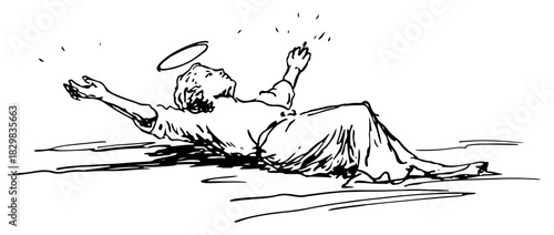 Hand drawn sketch of a fallen saint or martyr with a halo lying on the ground reaching upwards vector illustration