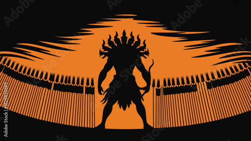 Powerful demon warrior silhouette with spears in striking orange and black, perfect for fantasy art, mythology, and dramatic storytelling projects