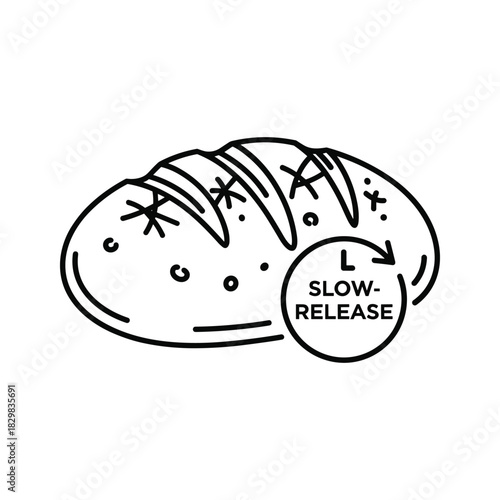 Black and white line art icon of a loaf of bread with a slowrelease energy symbol indicating sustained nutrition
