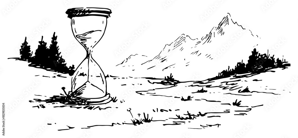 Fototapeta premium Hourglass in alpine meadow mountain landscape – hand drawn time passing concept vector illustration