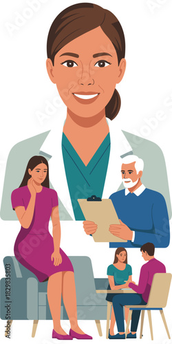 Smiling female doctor or medical professional presenting expert mental healthcare and patient counseling services, overseeing diverse individuals receiving supportive therapy, advice, and professional