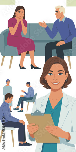 Modern flat design illustration depicting professional counseling: a smiling female psychiatrist managing relationship therapy for a couple and leading group support sessions, promoting mental health,