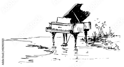 Grand piano standing on tranquil lakeshore – artistic black line-art vector illustration