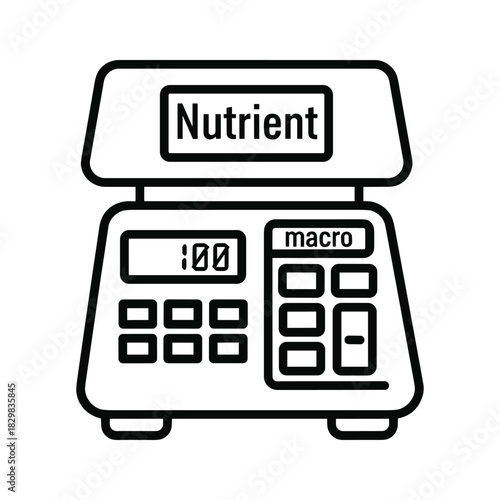 Line art icon of a digital food scale displaying nutrient and macro information for diet tracking isolated on