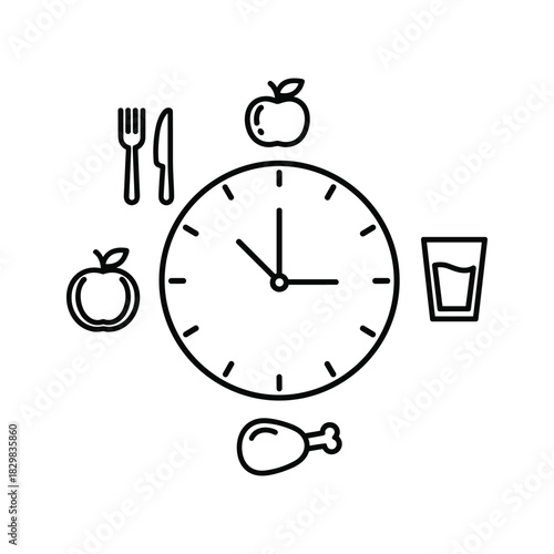 Simple black and white line icon representing intermittent fasting schedule with clock, cutlery, apple, chicken leg, and water glass isolated on
