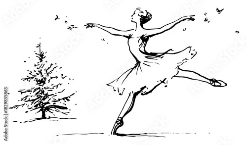Graceful ballerina dancing outdoors near pine tree – expressive black line-art vector illustration