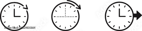 : A vector set of three black outline clock icons featuring arrows, symbolizing time flow, historical rewind, fast-forward motion, cyclical change, and the passage of time
