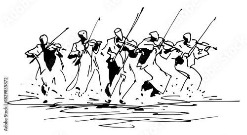 Orchestra of violinists performing in dynamic pose – expressive hand drawn music ensemble vector illustration