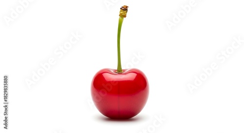Single red cherry with stem isolated on white background