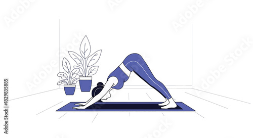 Woman performing yoga in downward-facing dog pose for fitness and wellness