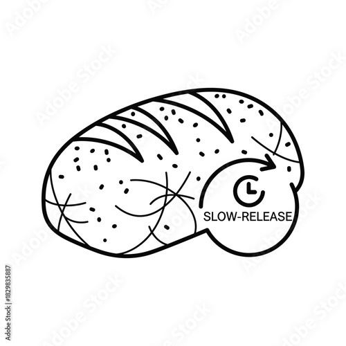 Black and white line art icon of a loaf of bread with a slowrelease symbol indicating sustained nutrient delivery isolated on