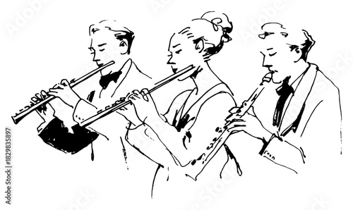 Woodwind trio playing flute and clarinet – elegant hand drawn classical music vector illustration