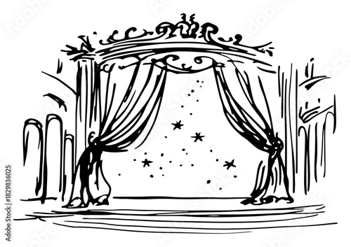 Hand drawn sketch of theater curtains opening to reveal a magical starry night sky vector illustration of a stage entrance or premiere