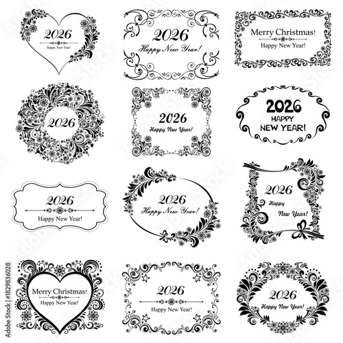 Happy new year 2026! Set of decorative Christmas frames and labels. Celebration background with snowflake, star and place for your text. Vector Illustration